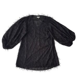 Jodifl Black Fuzzy Eyelash Top Women's Small Sheer Sparkle Long Sleeve Blouse